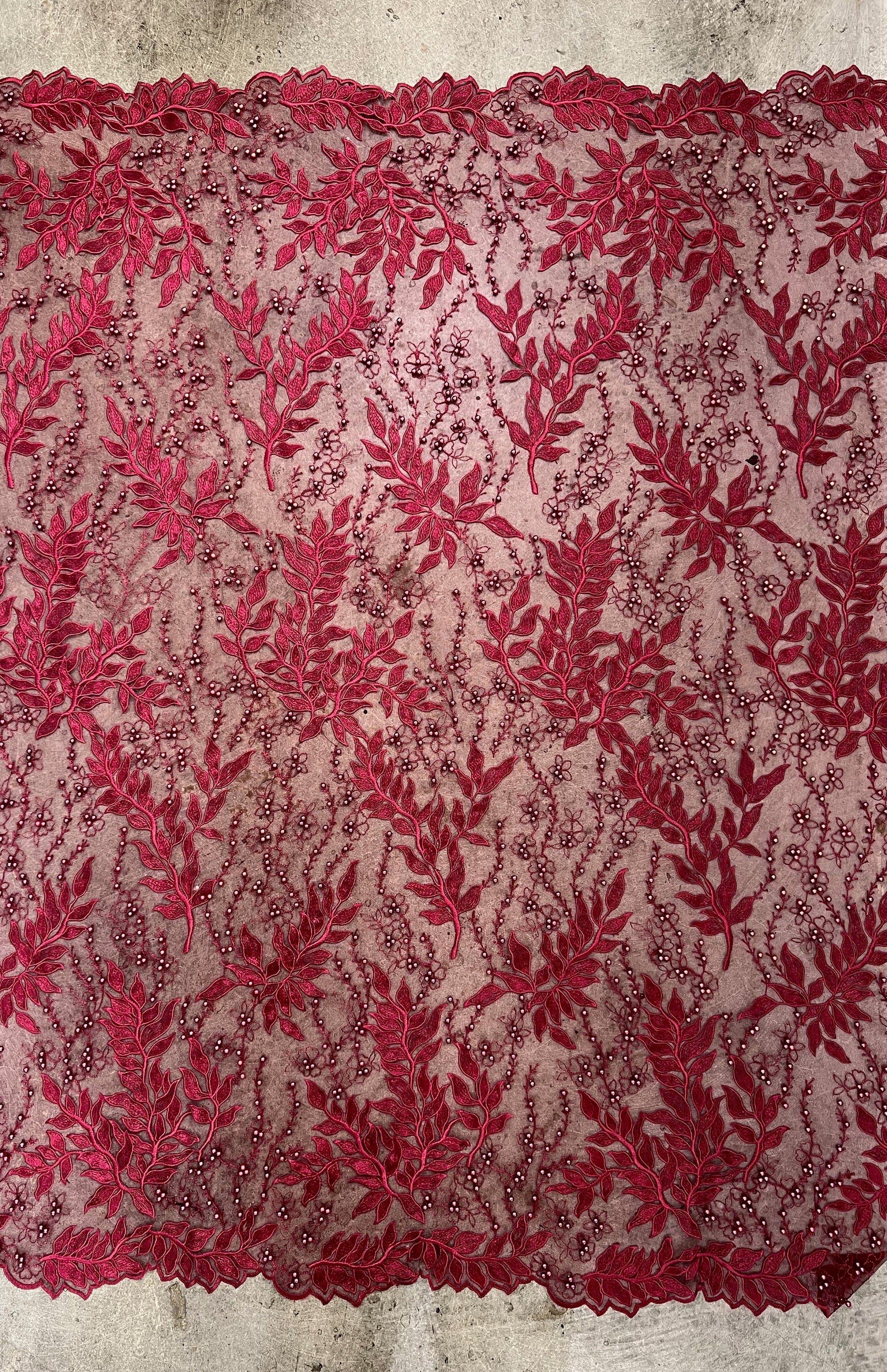 Veronica BURGUNDY Faux Pearls Beaded Flowers and Leaves Lace Embroidery on Mesh Fabric by the Yard - 10100