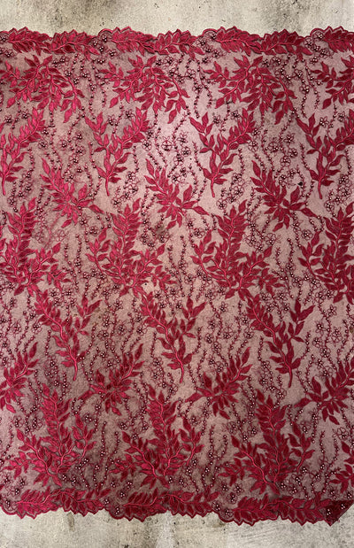 Veronica BURGUNDY Faux Pearls Beaded Flowers and Leaves Lace Embroidery on Mesh Fabric by the Yard - 10100