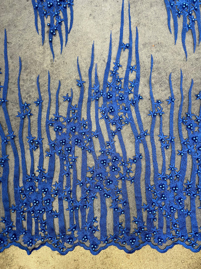 Kelsey ROYAL BLUE Floral Beaded Lace Embroidery on Mesh Fabric by the Yard - 10093
