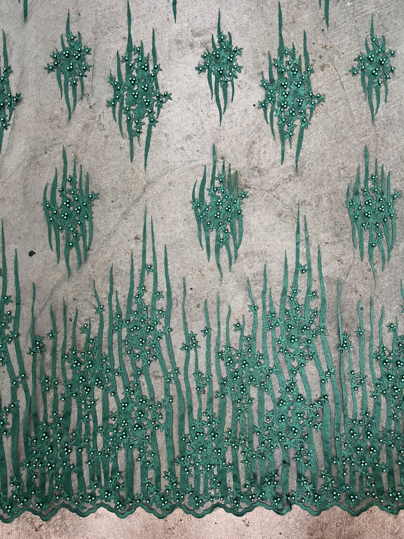 Kelsey HUNTER GREEN Floral Beaded Lace Embroidery on Mesh Fabric by the Yard - 10093