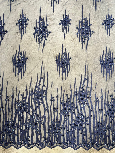 Kelsey NAVY BLUE Floral Beaded Lace Embroidery on Mesh Fabric by the Yard - 10093