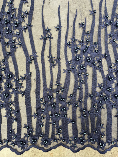 Kelsey NAVY BLUE Floral Beaded Lace Embroidery on Mesh Fabric by the Yard - 10093
