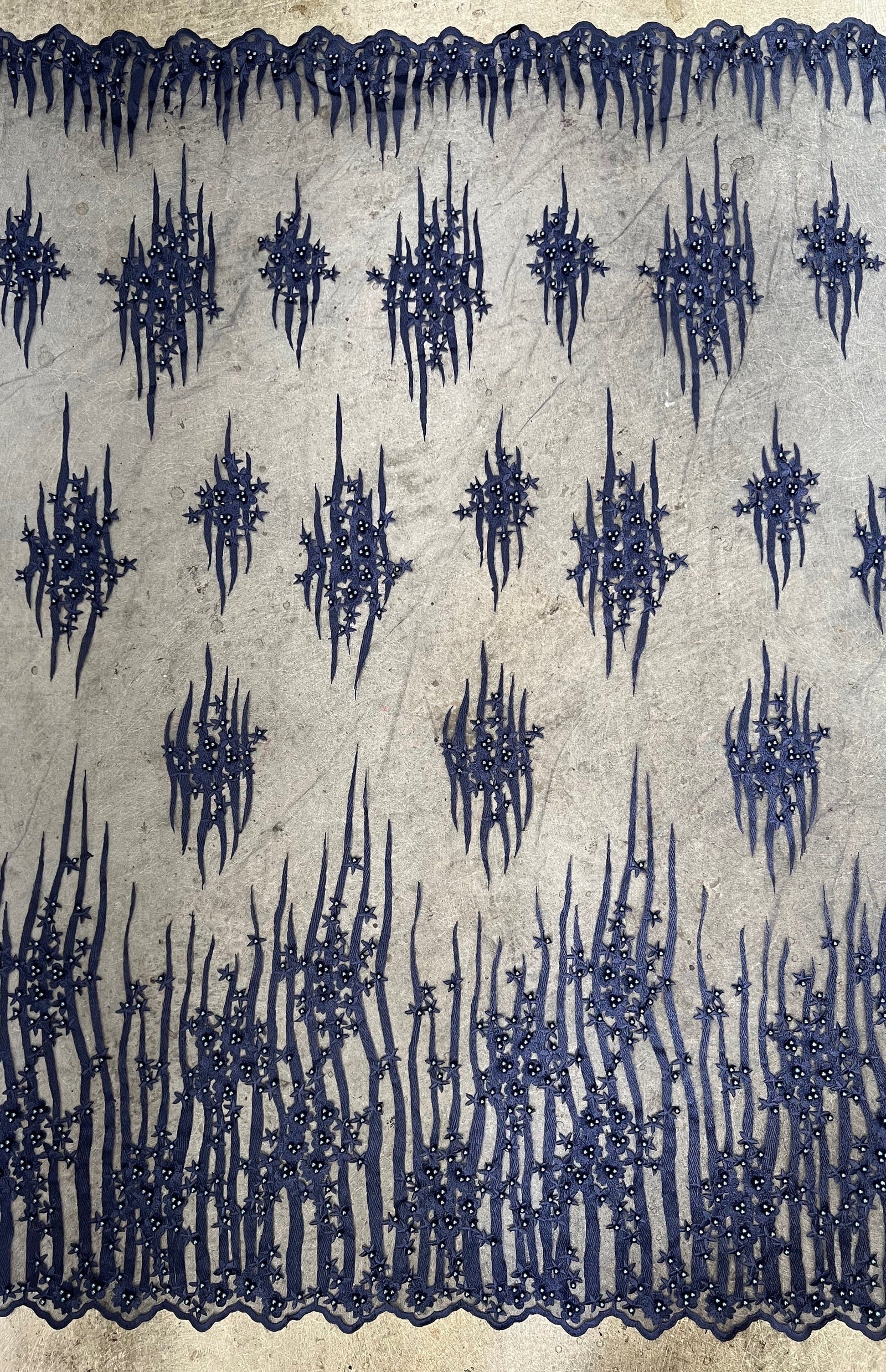 Kelsey NAVY BLUE Floral Beaded Lace Embroidery on Mesh Fabric by the Yard - 10093