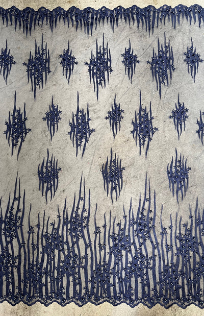 Kelsey NAVY BLUE Floral Beaded Lace Embroidery on Mesh Fabric by the Yard - 10093