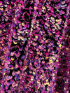 Stephanie PINK PURPLE Overlap Sequins on BLACK Stretch Velvet Fabric by the Yard for Gowns, Apparel, Costumes, Crafts - 10185