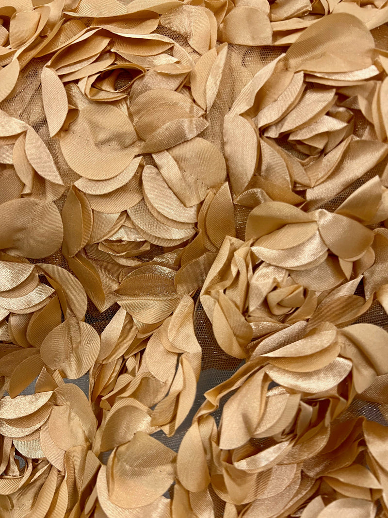 Maci GOLD 3D Floral Polyester Satin Rosette on Mesh Fabric by the Yard - 10057