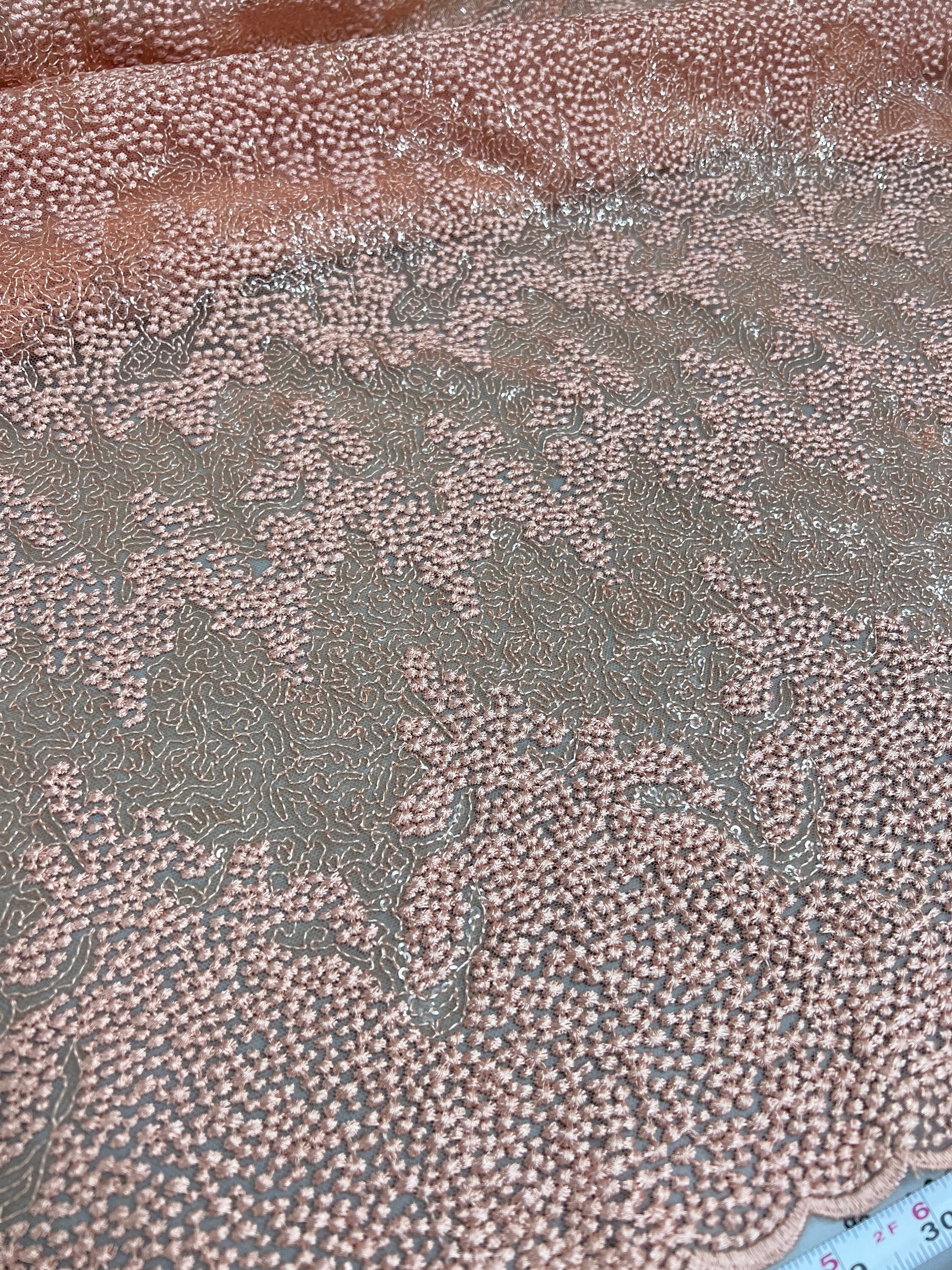 Joanna PEACH Maze Sequins Embroidered Dots on Mesh Lace Fabric by the Yard - 10074