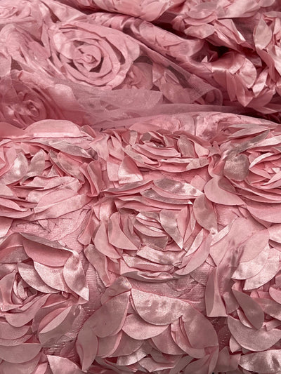 Maci LIGHT DUSTY PINK 3-D Floral Polyester Satin Rosette on Mesh Fabric by the Yard - 10057