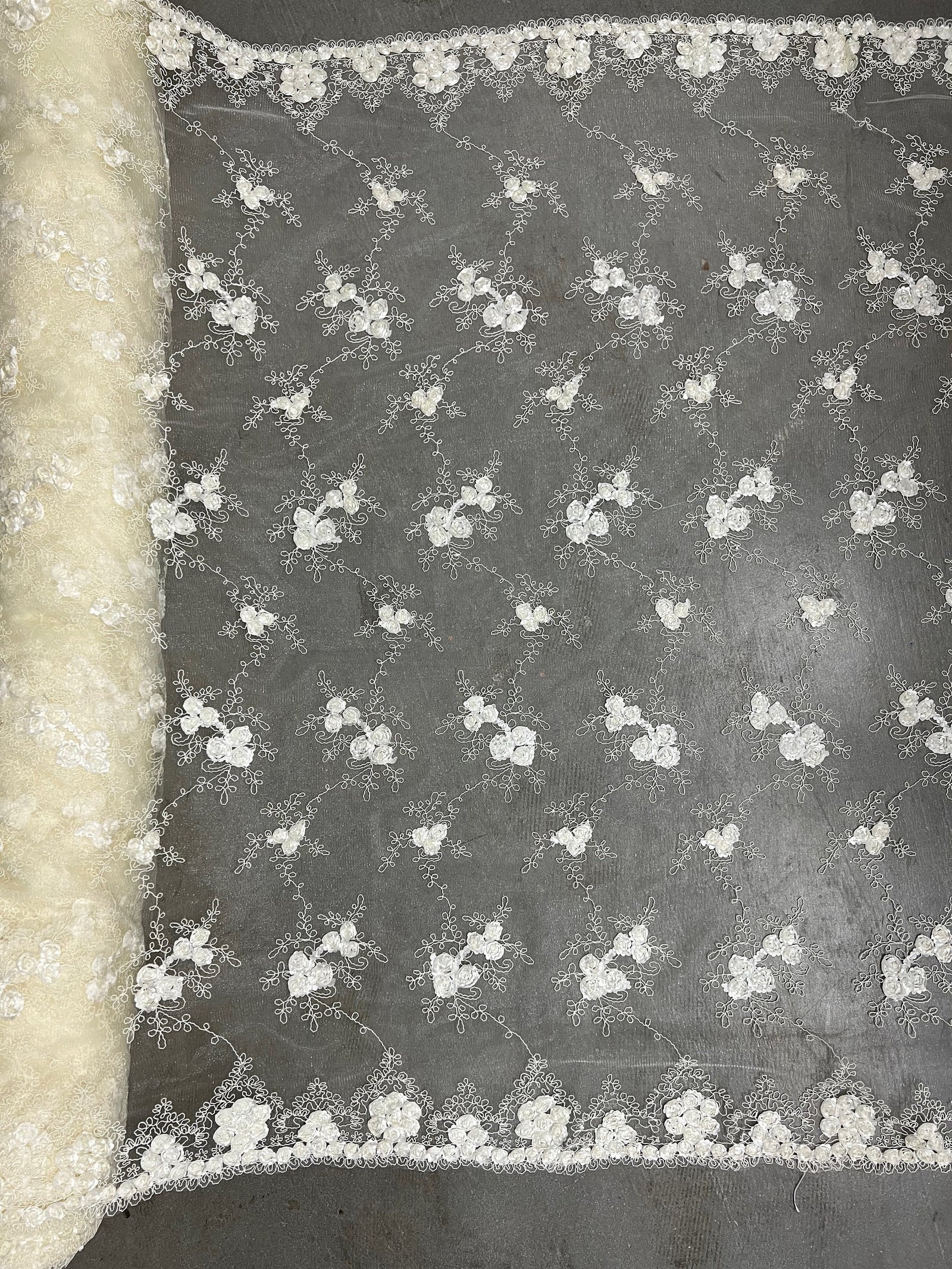 Andrea IVORY 3D Floral Matte Corded Embroidery on Mesh Lace Fabric by the Yard - 10016