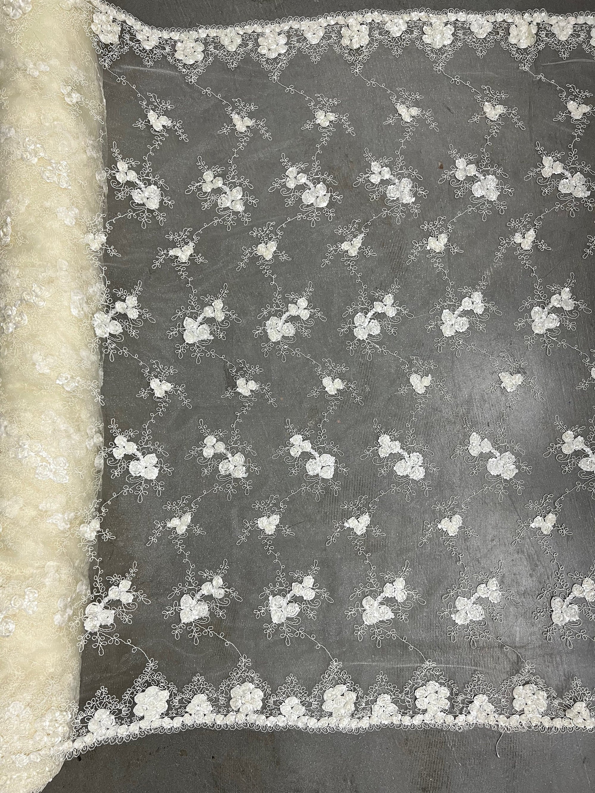 Andrea IVORY 3D Floral Matte Corded Embroidery on Mesh Lace Fabric by the Yard - 10016