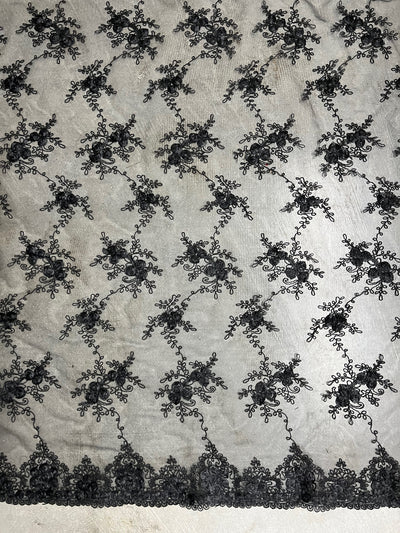 Andrea BLACK 3D Floral Matte Corded Embroidery on Mesh Lace Fabric by the Yard - 10016