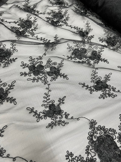 Andrea BLACK 3D Floral Matte Corded Embroidery on Mesh Lace Fabric by the Yard - 10016