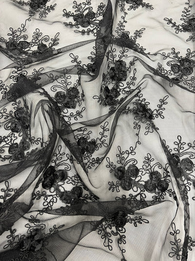 Andrea BLACK 3D Floral Matte Corded Embroidery on Mesh Lace Fabric by the Yard - 10016