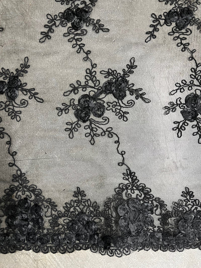 Andrea BLACK 3D Floral Matte Corded Embroidery on Mesh Lace Fabric by the Yard - 10016