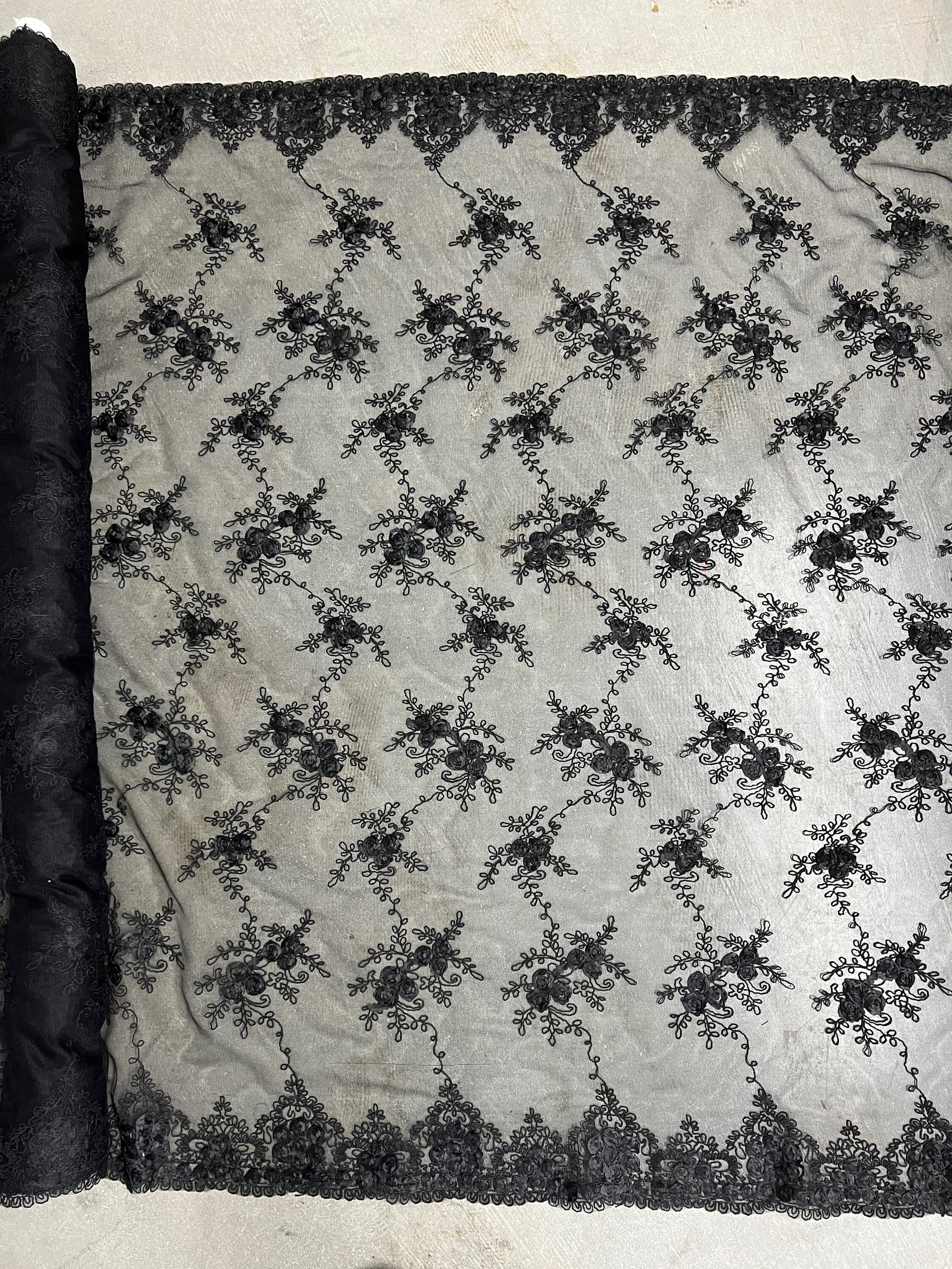 Andrea BLACK 3D Floral Matte Corded Embroidery on Mesh Lace Fabric by the Yard - 10016