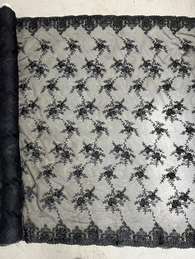 Andrea BLACK 3D Floral Matte Corded Embroidery on Mesh Lace Fabric by the Yard - 10016