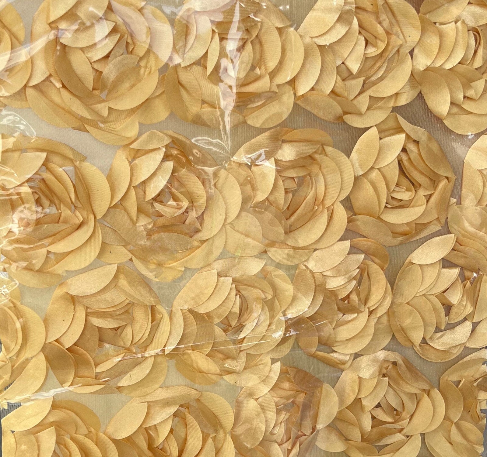 Maci LIGHT GOLD 3D Floral Polyester Satin Rosette on Mesh Fabric by the Yard - 10057