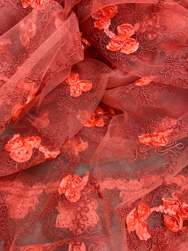 Andrea CORAL 3D Floral Matte Corded Embroidery on Mesh Lace Fabric by the Yard - 10016