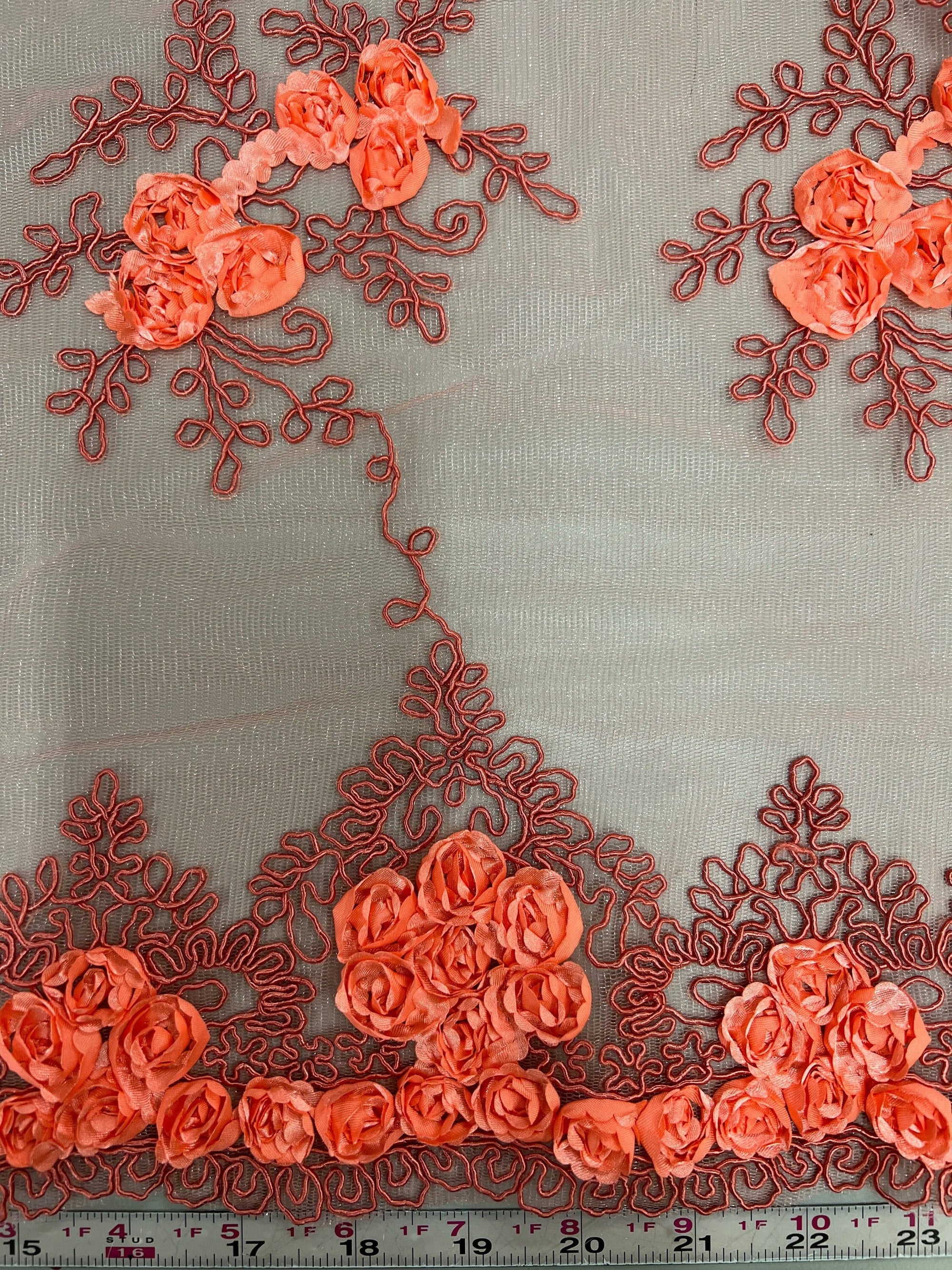 Andrea CORAL 3D Floral Matte Corded Embroidery on Mesh Lace Fabric by the Yard - 10016