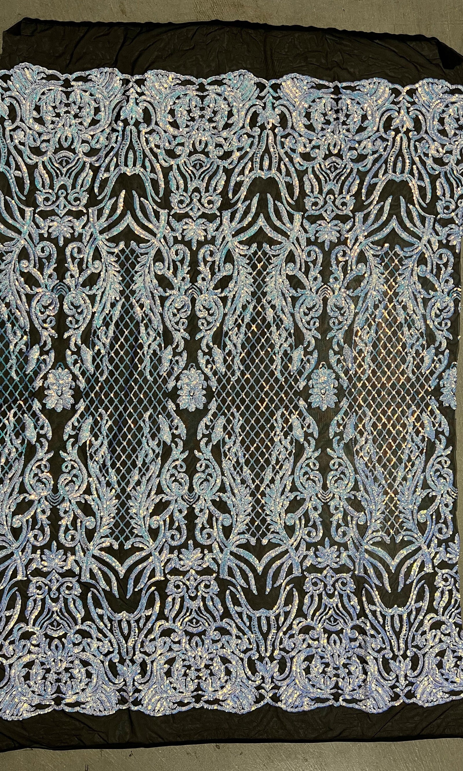 Phoebe IRIDESCENT WHITE Sequins on BLACK Mesh Lace Fabric by the Yard - 10062