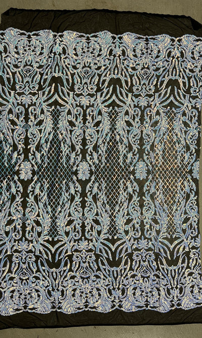 Phoebe IRIDESCENT WHITE Sequins on BLACK Mesh Lace Fabric by the Yard - 10062