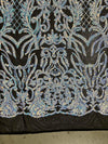 Phoebe IRIDESCENT WHITE Sequins on BLACK Mesh Lace Fabric by the Yard - 10062