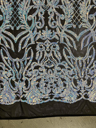 Phoebe IRIDESCENT WHITE Sequins on BLACK Mesh Lace Fabric by the Yard - 10062