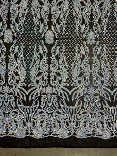 Phoebe IRIDESCENT WHITE Sequins on BLACK Mesh Lace Fabric by the Yard - 10062
