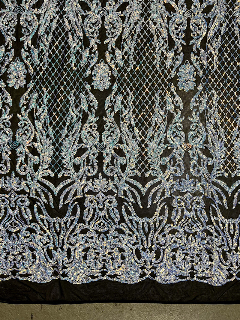 Phoebe IRIDESCENT WHITE Sequins on BLACK Mesh Lace Fabric by the Yard - 10062
