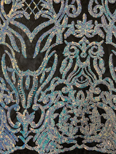 Phoebe IRIDESCENT WHITE Sequins on BLACK Mesh Lace Fabric by the Yard - 10062