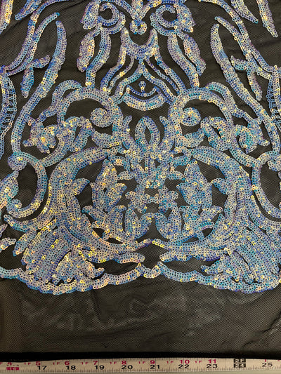 Phoebe IRIDESCENT WHITE Sequins on BLACK Mesh Lace Fabric by the Yard - 10062