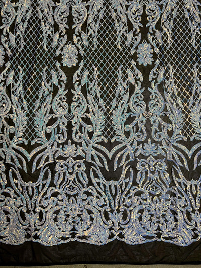Phoebe IRIDESCENT WHITE Sequins on BLACK Mesh Lace Fabric by the Yard - 10062