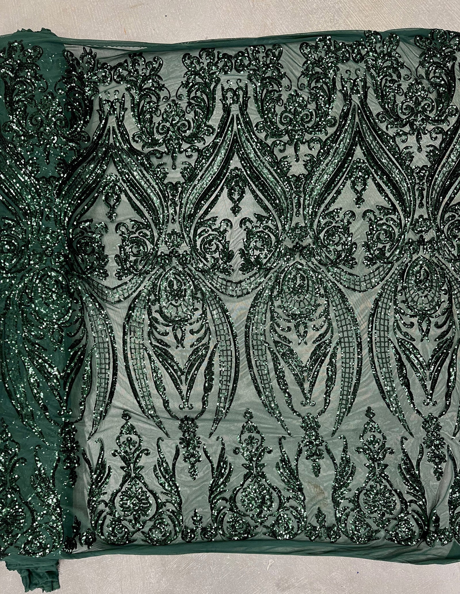 Alaina HUNTER GREEN Curlicue Sequins on Mesh Lace Fabric by the Yard - 10018