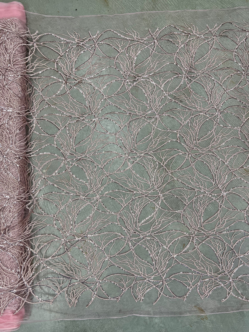 Julie DUSTY PINK Polyester Filament Pattern with Sequins on PINK Mesh Lace Fabric by the Yard for Gown, Wedding, Bridesmaid, Prom - 10154
