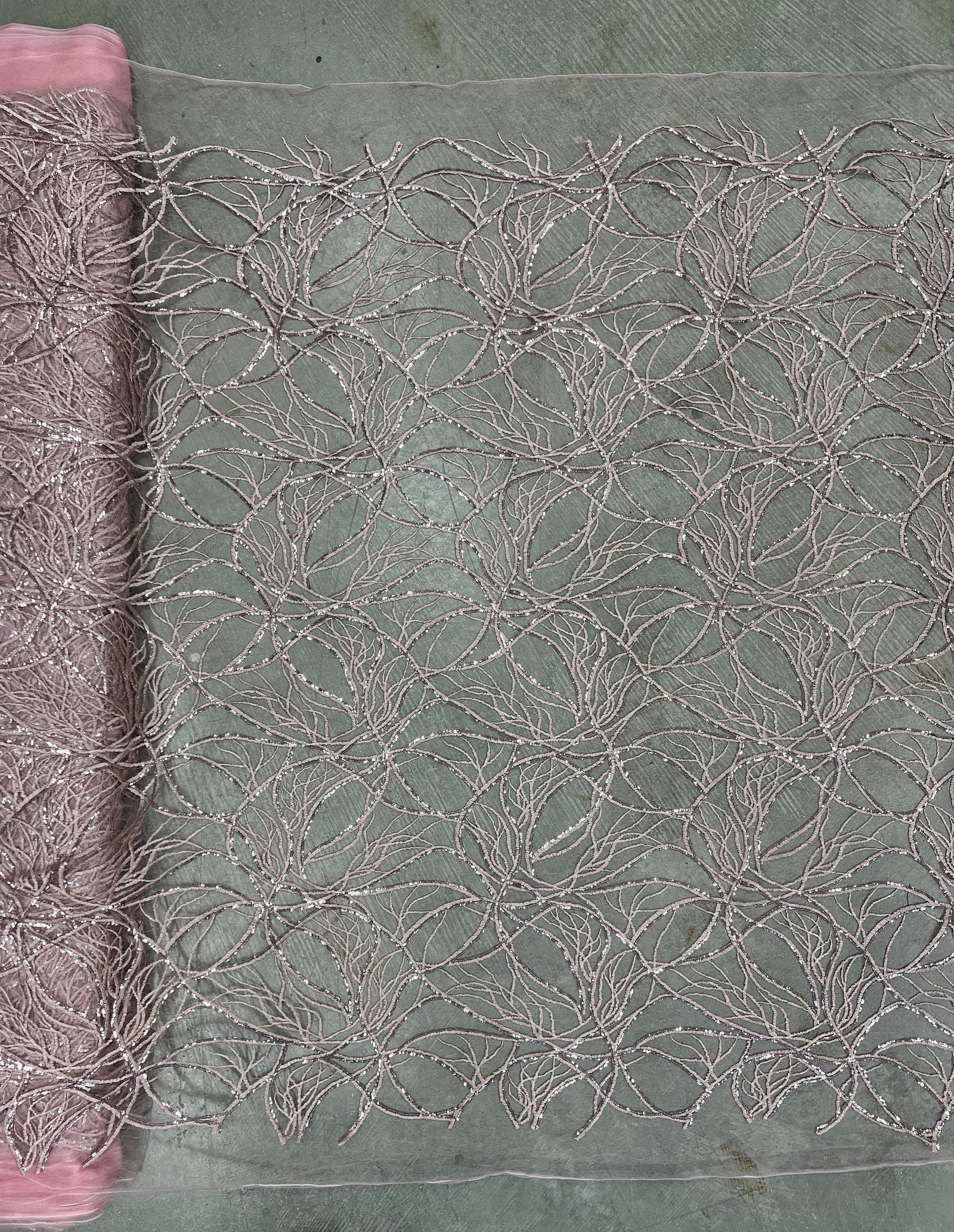 Julie DUSTY PINK Polyester Filament Pattern with Sequins on PINK Mesh Lace Fabric by the Yard for Gown, Wedding, Bridesmaid, Prom - 10154