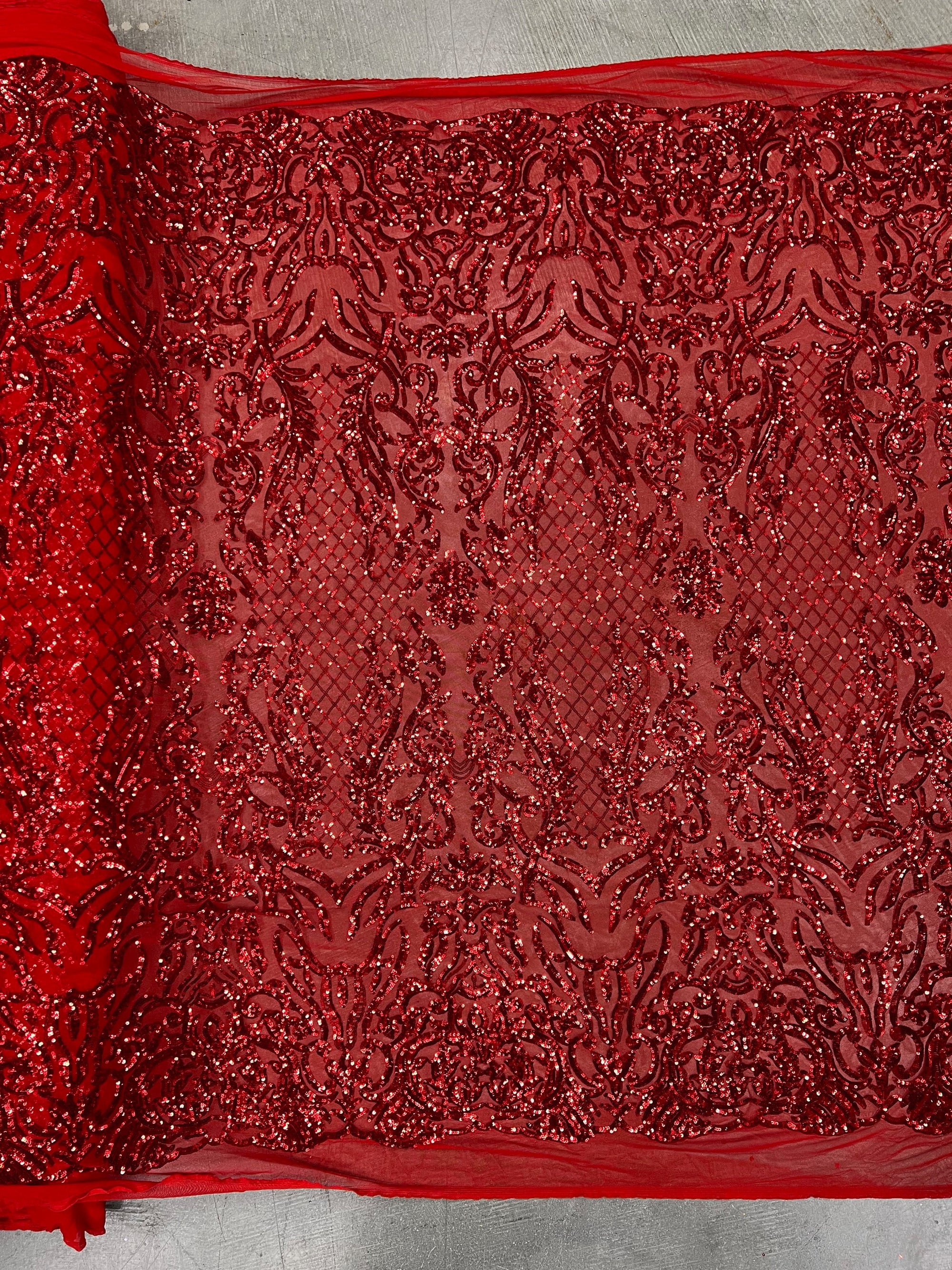 Phoebe RED Sequins on Mesh Lace Fabric by the Yard - 10062