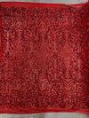 Phoebe RED Sequins on Mesh Lace Fabric by the Yard - 10062
