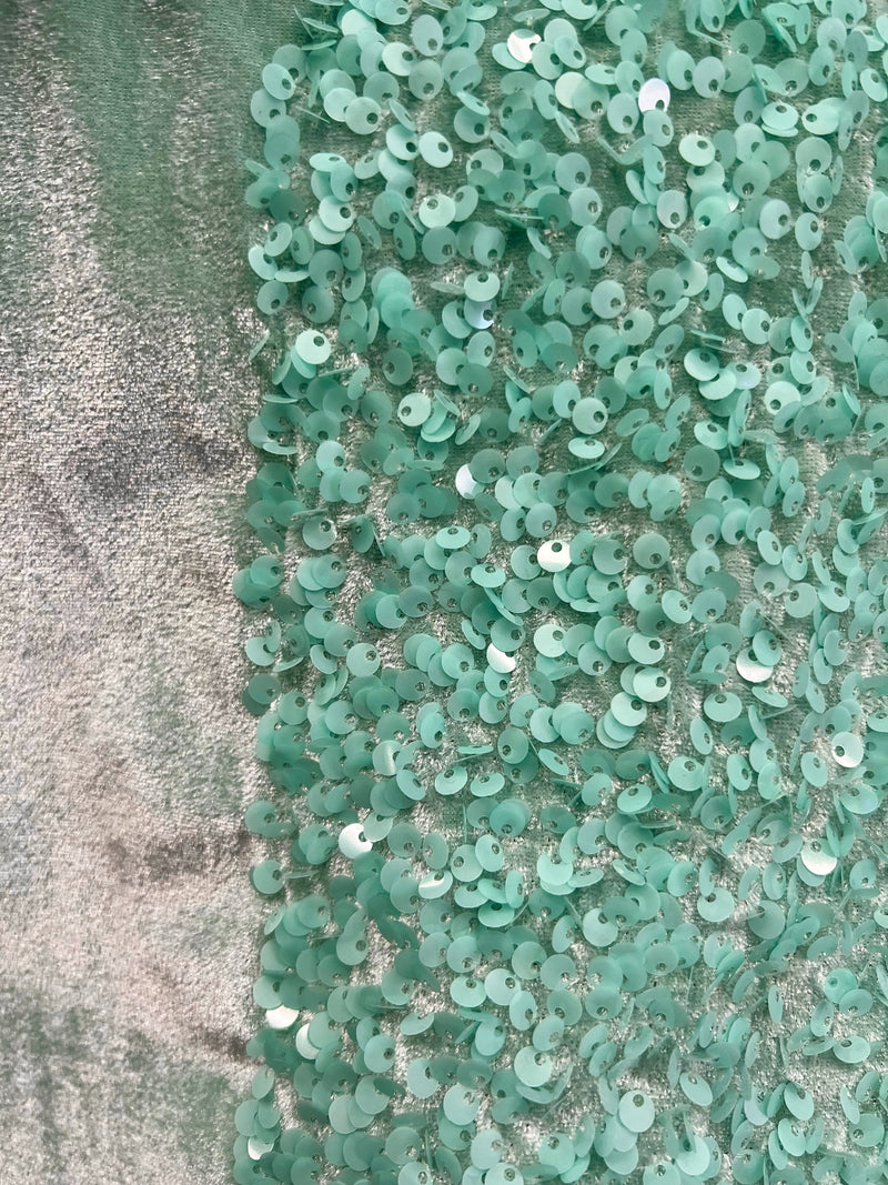 Stephanie AQUA Overlap Sequins on Stretch Velvet Fabric by the Yard for Gowns, Apparel, Costumes, Crafts - 10185