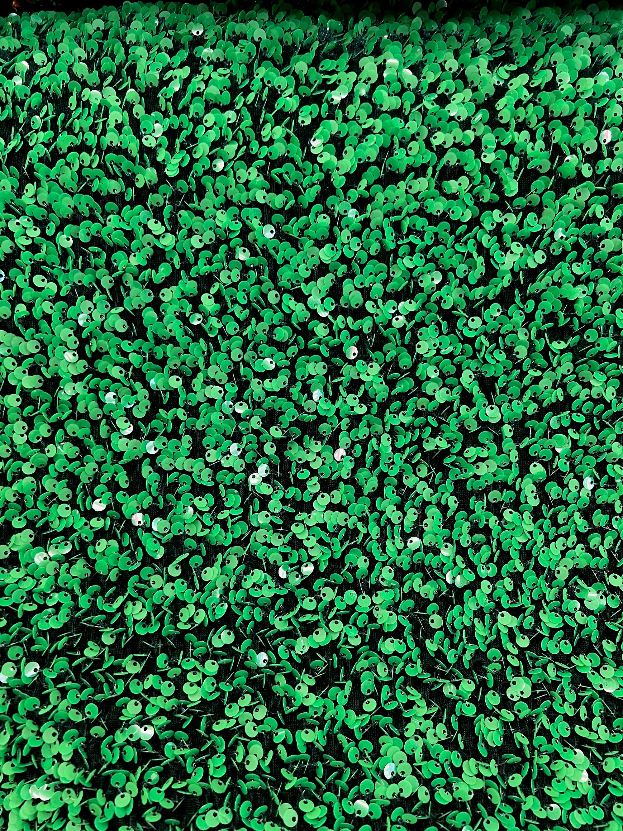 Stephanie GREEN Overlap Sequins on BLACK Stretch Velvet Fabric by the Yard for Gowns, Apparel, Costumes, Crafts - 10185