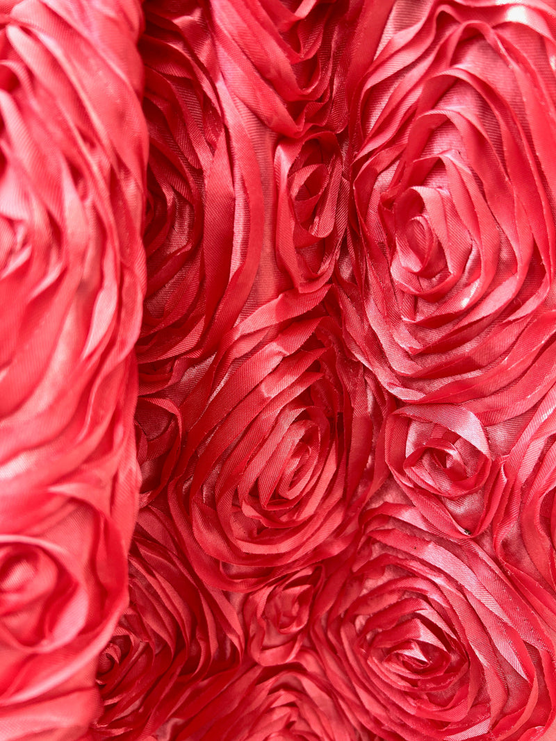 Paige DARK CORAL 3D Floral Polyester Satin Rosette Fabric by the Yard - 10028