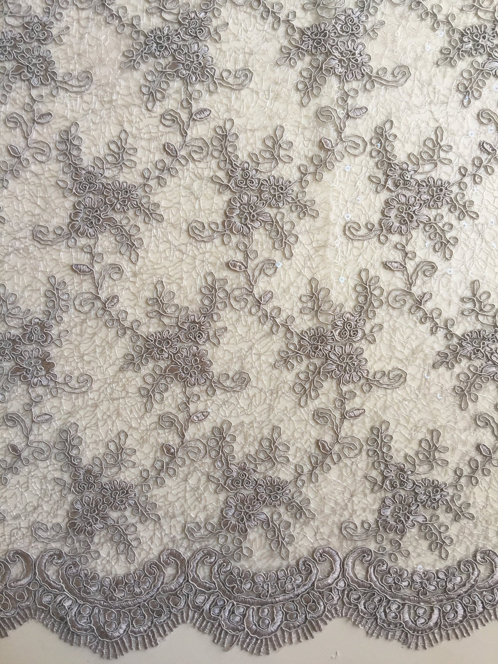 Megan GREY Polyester Corded Floral Embroidery with Sequins on Web Mesh Lace Fabric by the Yard - 10109