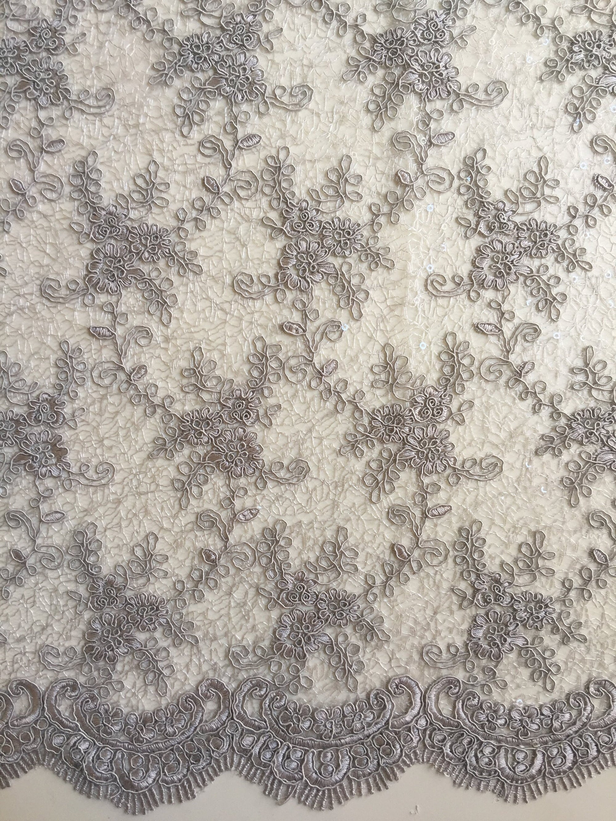 Megan GREY Polyester Corded Floral Embroidery with Sequins on Web Mesh Lace Fabric by the Yard - 10109