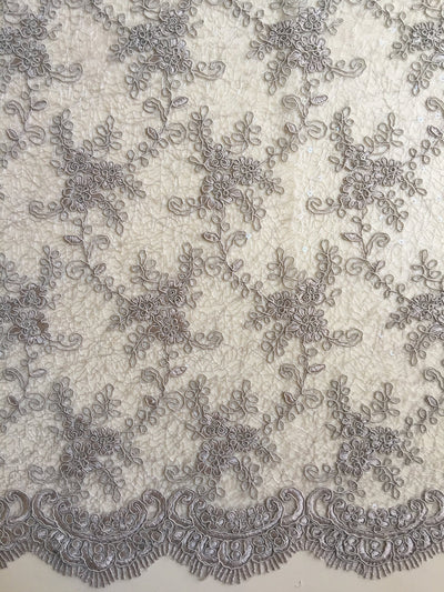 Megan GREY Polyester Corded Floral Embroidery with Sequins on Web Mesh Lace Fabric by the Yard - 10109