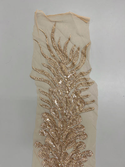 Gracie CHAMPAGNE Vegas Peacock Beaded Sequins Embroidered on Mesh Lace Fabric by Panel - 10012