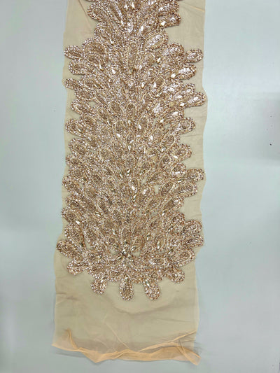 Gracie CHAMPAGNE Vegas Peacock Beaded Sequins Embroidered on Mesh Lace Fabric by Panel - 10012