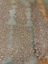 Gracie CHAMPAGNE Vegas Peacock Beaded Sequins Embroidered on Mesh Lace Fabric by Panel - 10012