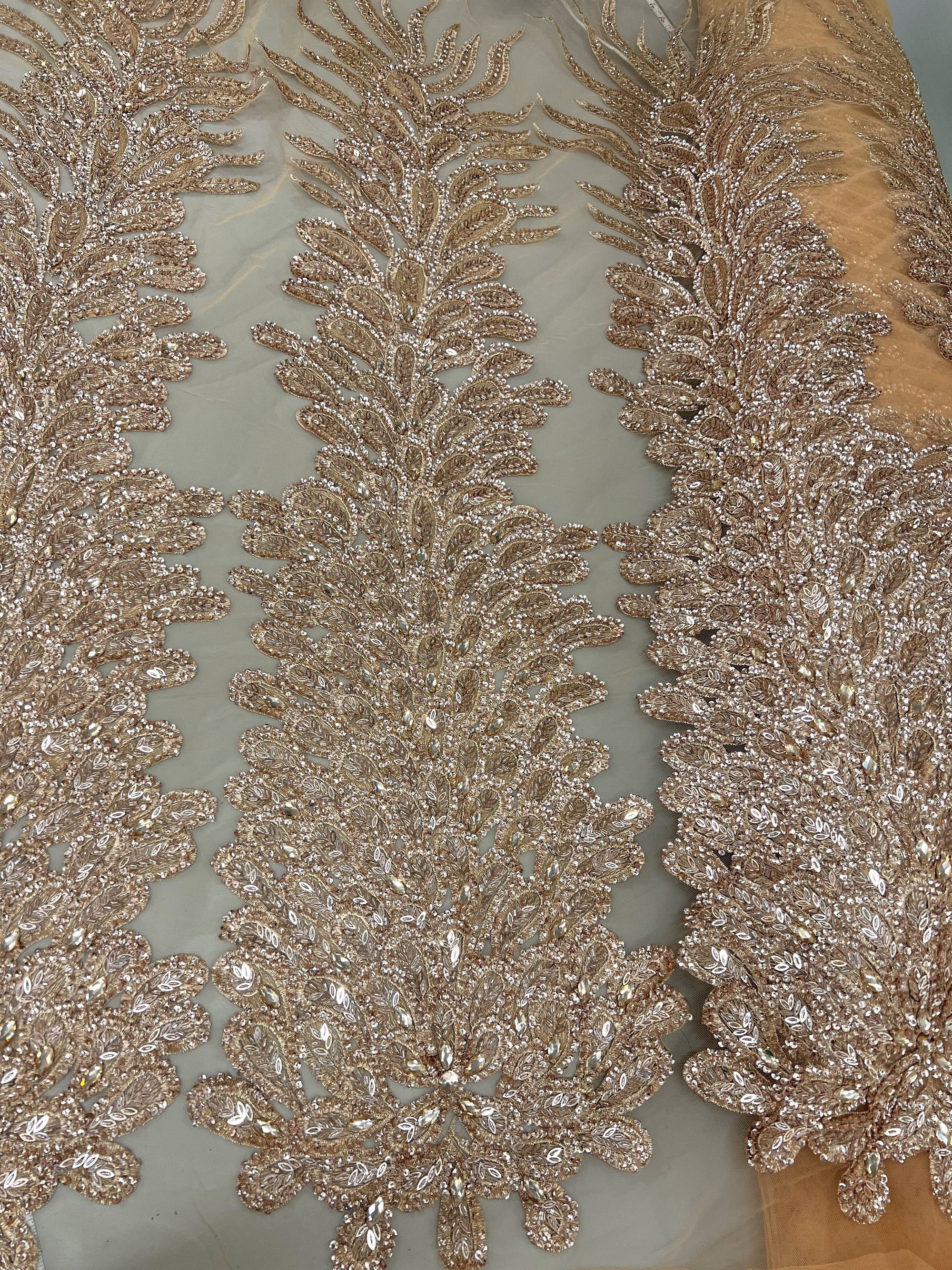 Gracie CHAMPAGNE Vegas Peacock Beaded Sequins Embroidered on Mesh Lace Fabric by Panel - 10012