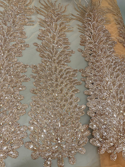 Gracie CHAMPAGNE Vegas Peacock Beaded Sequins Embroidered on Mesh Lace Fabric by Panel - 10012