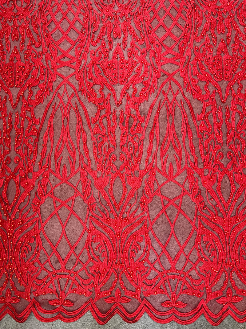 Sabrina RED Faux Pearls Beaded Lace Embroidery on Mesh Fabric by the Yard - 10098