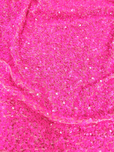 Stephanie HOT PINK Sequins on PINK Stretch Velvet Fabric by the Yard for Gowns, Apparel, Costumes, Crafts - 10185